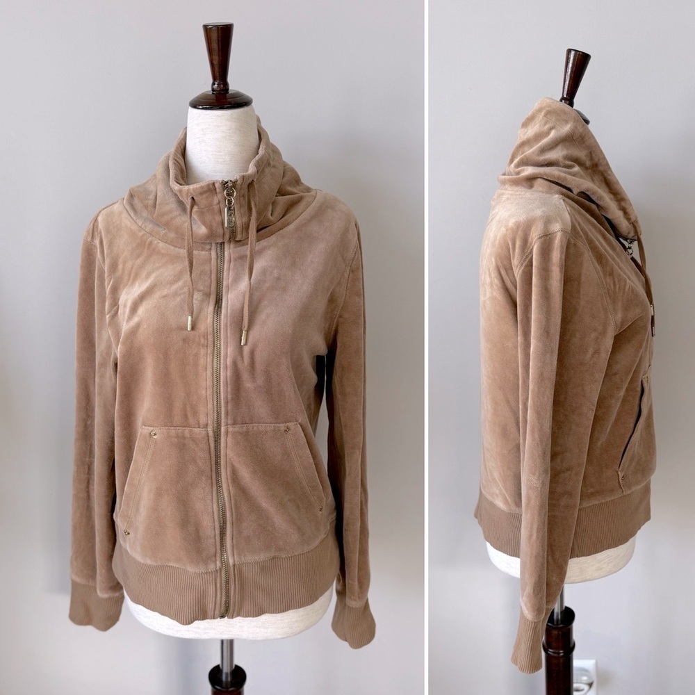 Michael Kors Tan and Gold Velvet Velour Funnel Neck Full-Zip Jacket